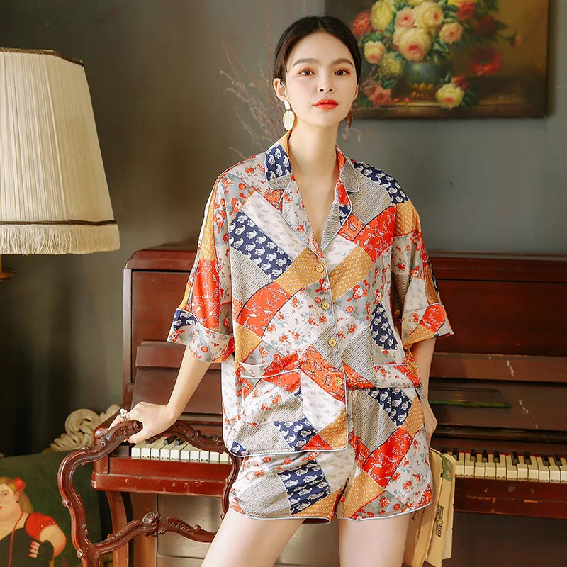

Lapel Geometric Pattern Pajamas Women's Loose Thin Viscose Pijamas Women Short Sleeve Sexy Nightwear Summer Two-Piece Sleepwear