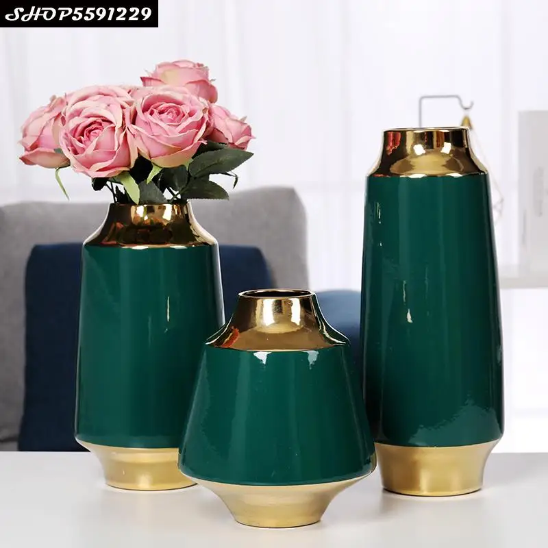 

European Ceramic Electroplating Golden Vase Green Phnom Penh Desktop Decoration Simple Table Flower Arrangement Crafts Deco Vase