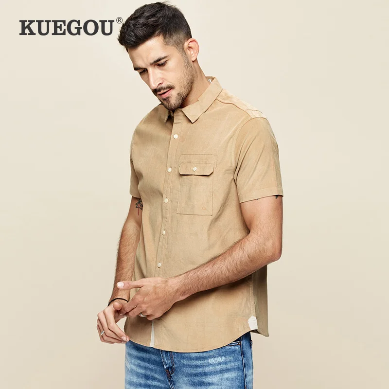 KUEGOU100 % хлопок мужская рубашка с коротким рукавом вельвет чистый цвет Мужская