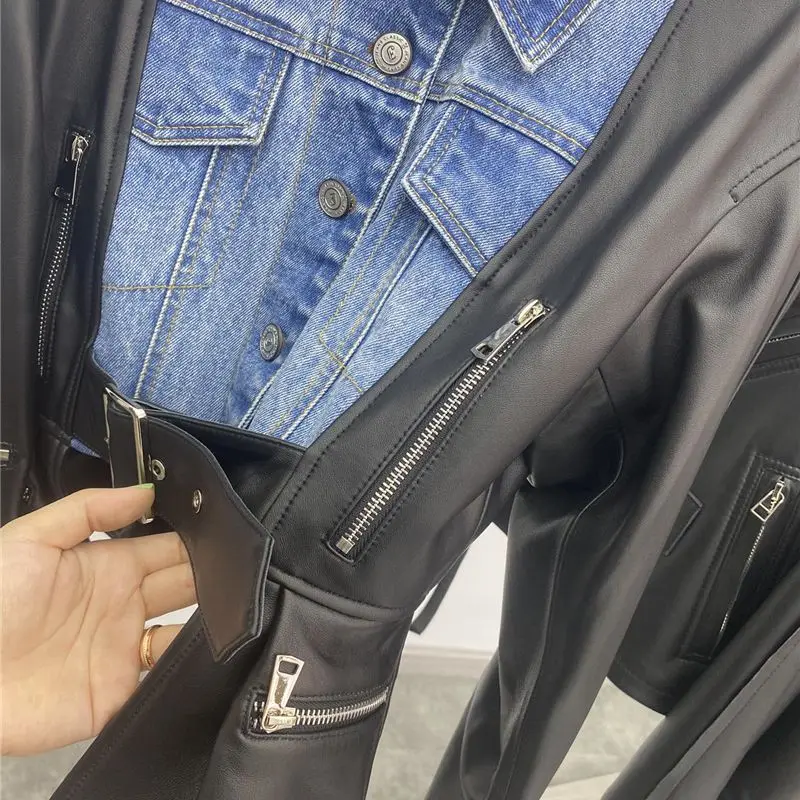 Runway Designer Sheepskin Genuine Leather Jacket Women Fashion Luxury Autumn Coats Patchwork Denim Real Leather Outwear Clothing