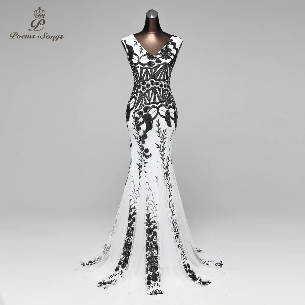 Вечернее платье Русалка с V образным вырезом блестками и открытой