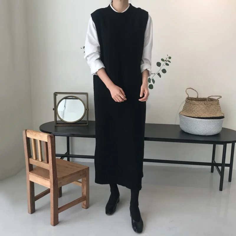 black GCC2820 XITAO, вязаное платье с разрезом, модное, новинка, зимнее, длинное, без рукавов, прямое, маленькое, свежее, миноритарное, винтажное, пуловер, платье GCC2820 - Цвет: black GCC2820