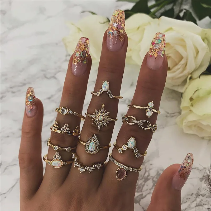 

12 Pcs/set Bohemian Vintage Crown Water Drops Stars Geometric Crystal Ring Set Women Charm Joint Ring Party Wedding Jewelry Gift