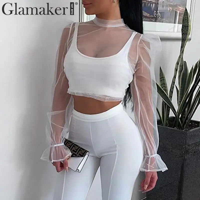 Glamaker, сексуальная, прозрачная, короткая, белая блузка, топы, для женщин, с длинным рукавом-фонариком, блузка, рубашка, весна-лето, элегантные, вечерние, черная рубашка
