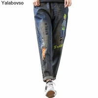 vintage style thickened womens jeans elastic waist letter cartoon embroidered trousers comfortable wide leg pants for women