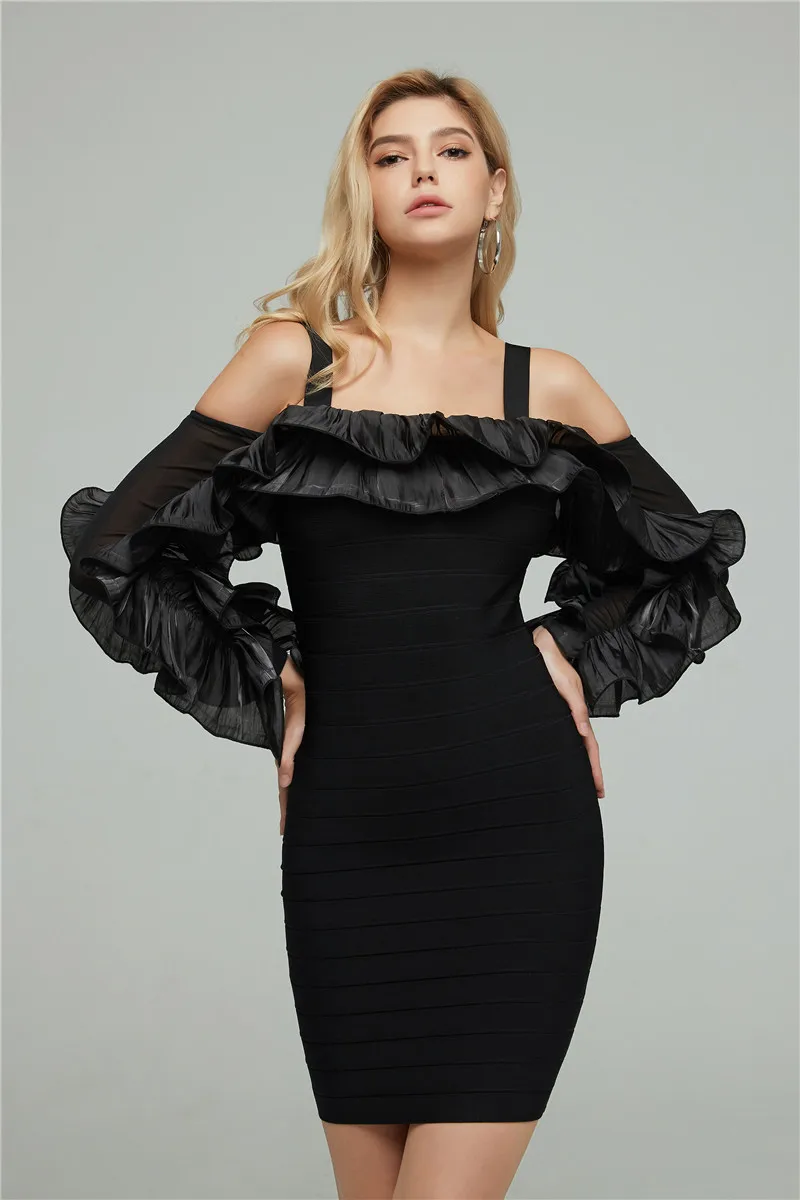 

High Quality Black Strap Petal Sleeve Bodycon Winter Women Bandage Dress Night Party Dress