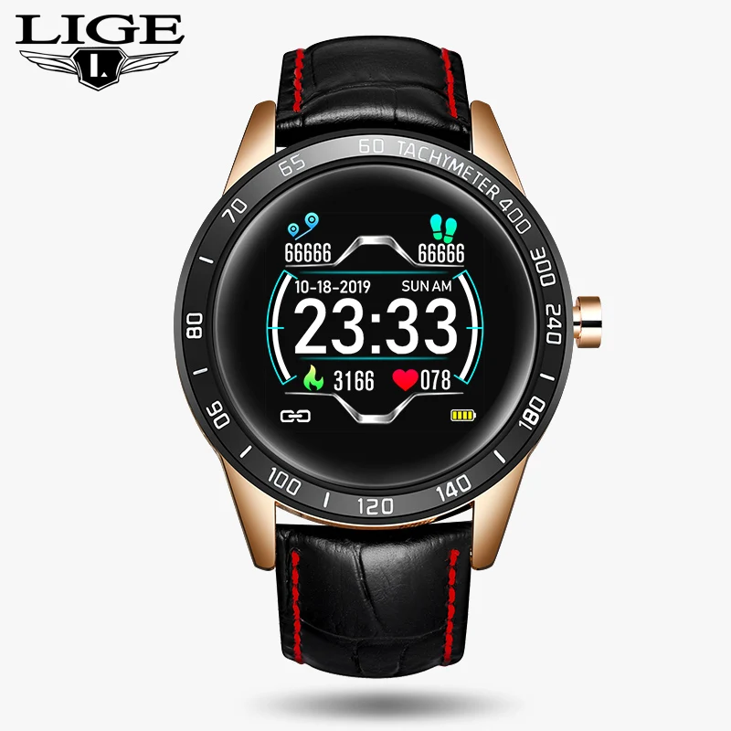 Rose gold Black LIGE новые стальные Смарт-часы мужские кожаные Смарт-часы спортивные для iPhone пульсометр кровяное давление фитнес-трекер умные часы - Цвет: Rose gold Black
