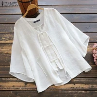 zanzea spring women cotton linen shirt vintage 34 sleeve buttons solid blouse female tunic tops chemise casual loose blusas