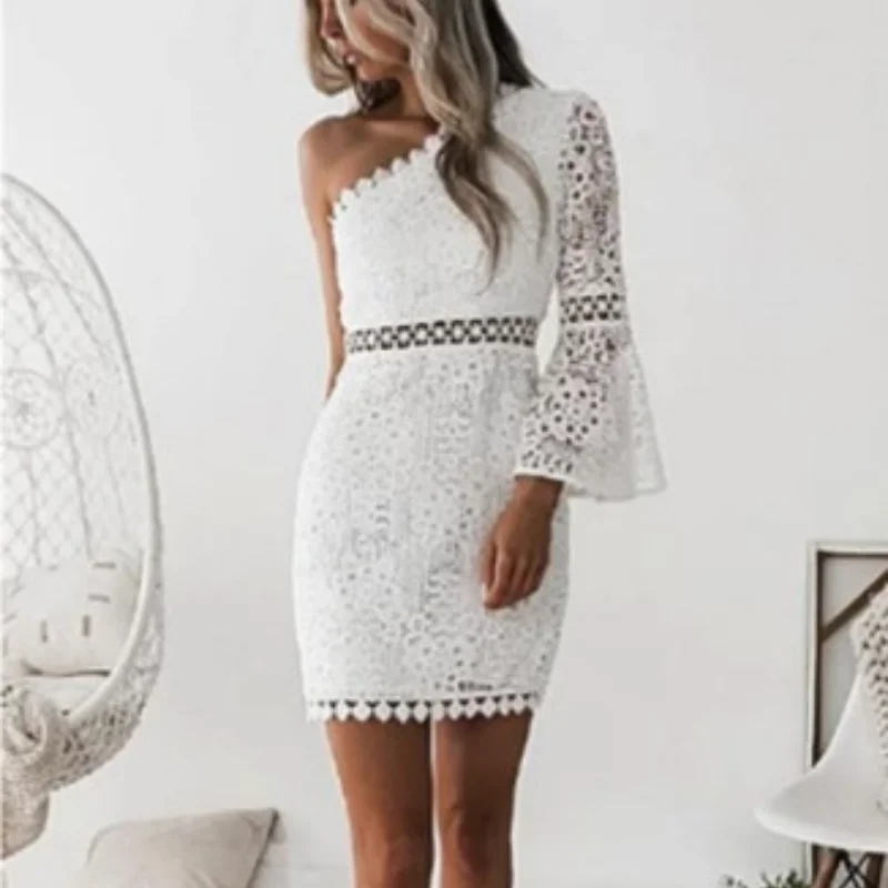 

Lace Sexy Bodycon for Dress Women One Shoulder Flare Sleeve White Autumn Spring New Year 2022 Elegant Party Prom Birthday Date