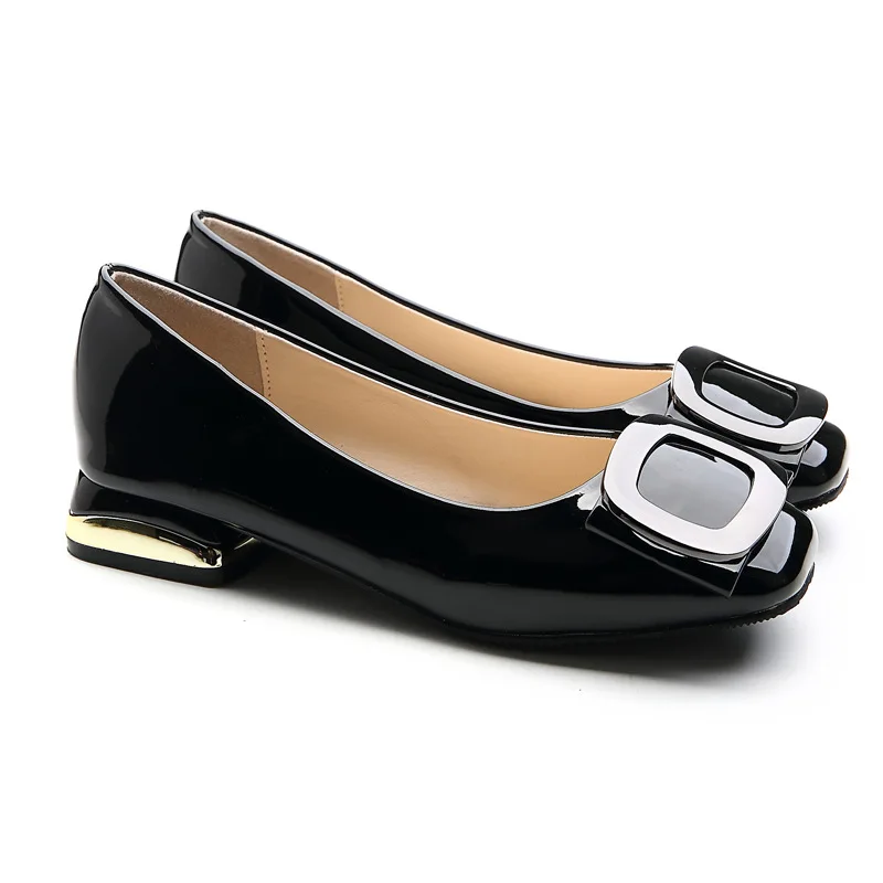 

Metal decoration japanned leather shoes woman square buckle thick heels moccasins shallow tender flats large size femme loafers