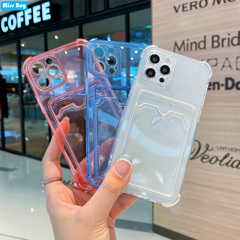 

Solid Candy Color Transparent Phone Case for iPhone 13 12 11 Pro Max 12Mini X XS XR SE 7 8 Plus Shockproof Cover With Slot Cards