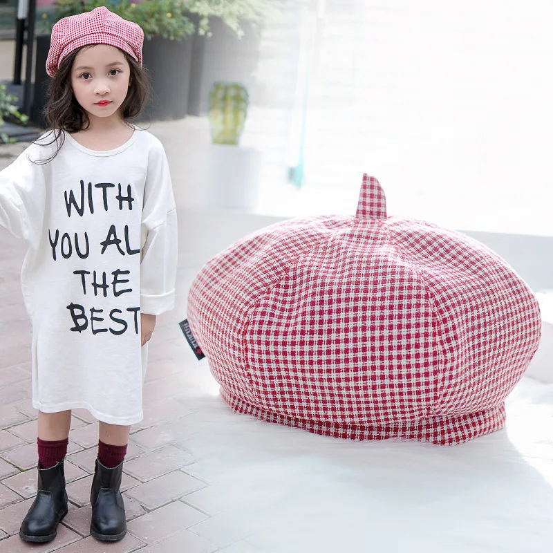 Берет детский летний хлопковый черно-розовый в клетку | Аксессуары для одежды