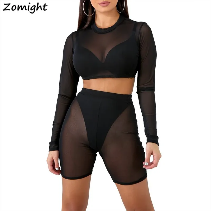 Сетчатый Женский комплект 2 шт. топ с длинными рукавами и шорты из двух предметов