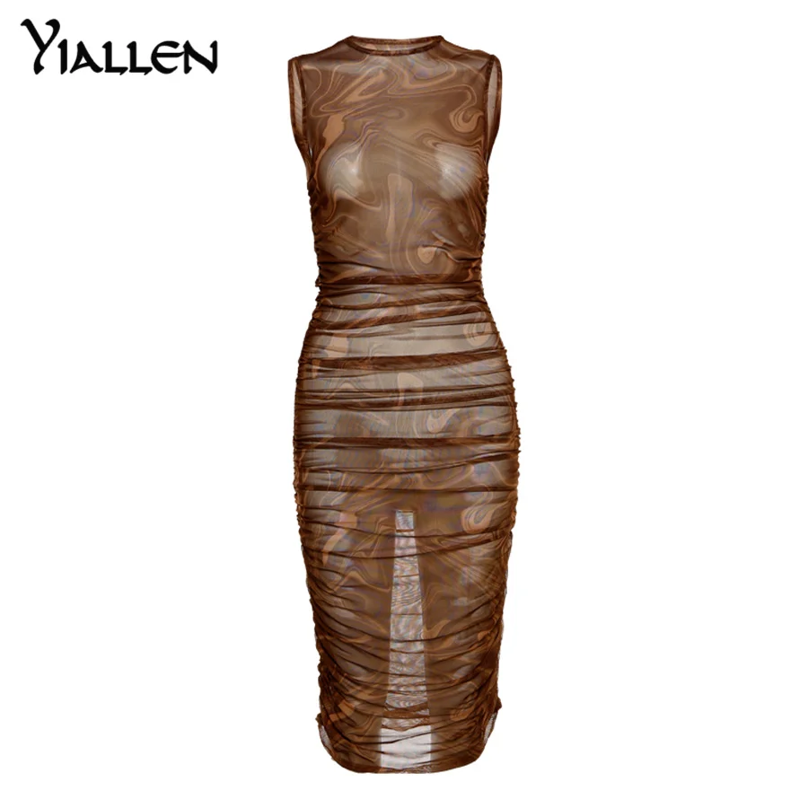 

Yiallen Mesh Folds Maxi Dress Women Stacked Hollow Out See Through Bodycon Sexy Summer Sleeveless Clubwear Midnight Club Skirt