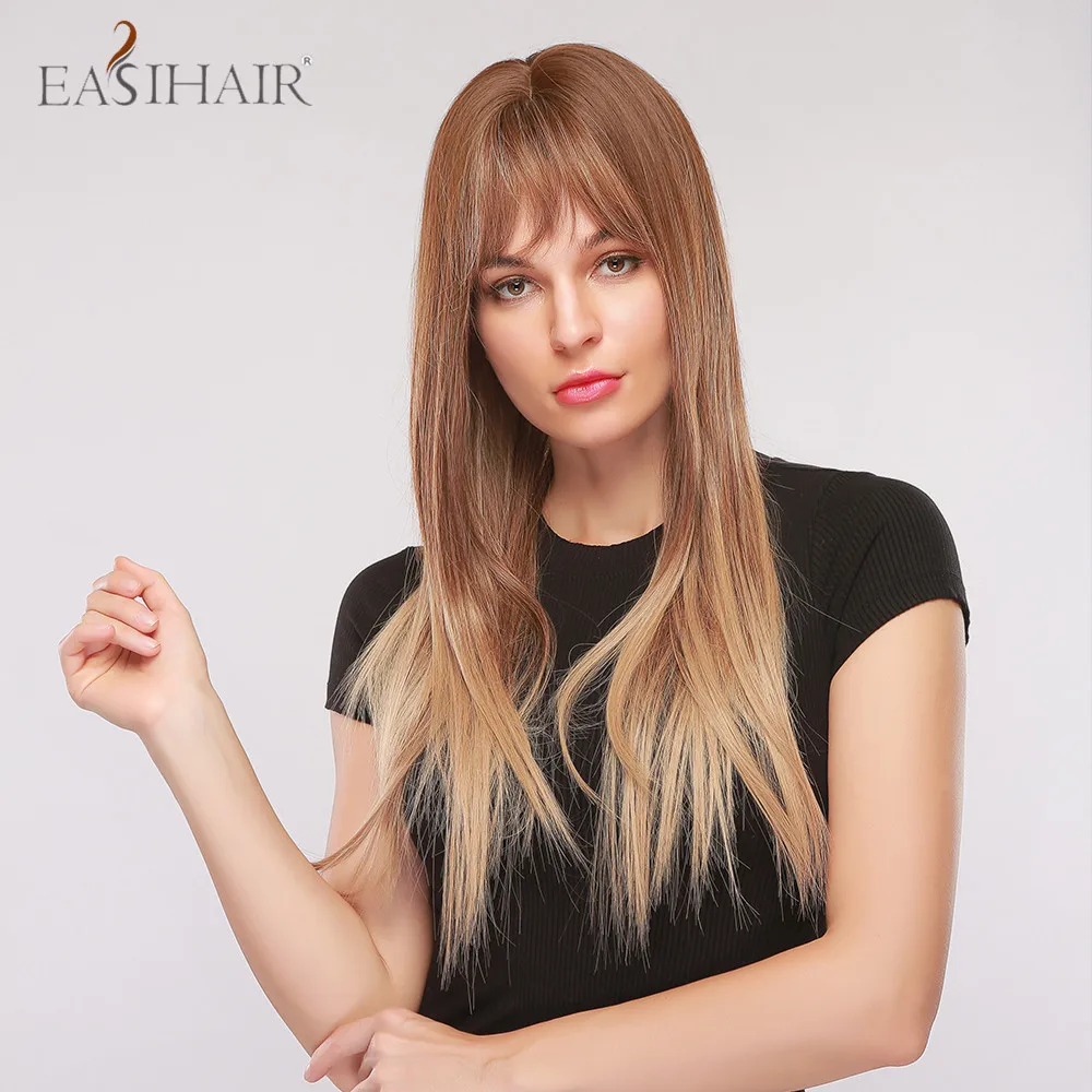 EASIHAIR Long Straight Ombre Brown Wigs With Bangs Heat Resistant Synthetic for Black Women Cosplay Natural Hair | Шиньоны и парики