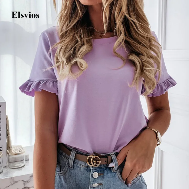 Женская блузка с рукавами бабочками повседневная однотонная оборками и коротким