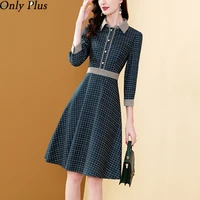 only plus green plaid vintage women dress a line turn down collar england style vestidos single breasted big swing dress autumn