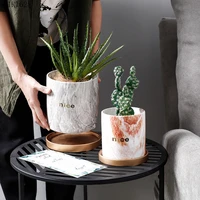 creative marbled ceramic flower pots with trays green radish plants potted garden decoration cylindrical countertop flower pots