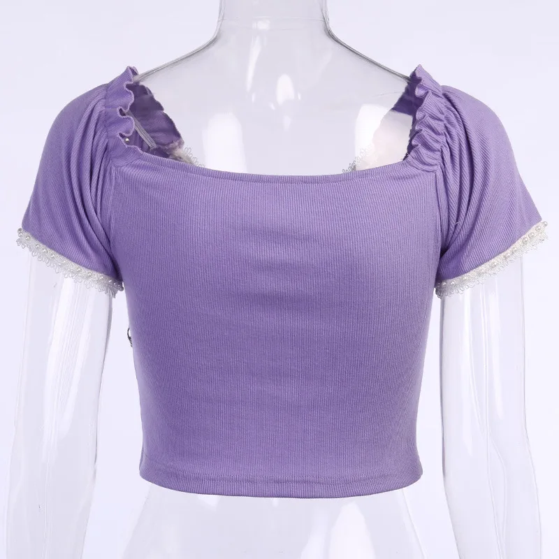 

Summer 2020 Slim Butterfly Short Sleeve Puff Sleeve Navel V-neck T-shirt Women