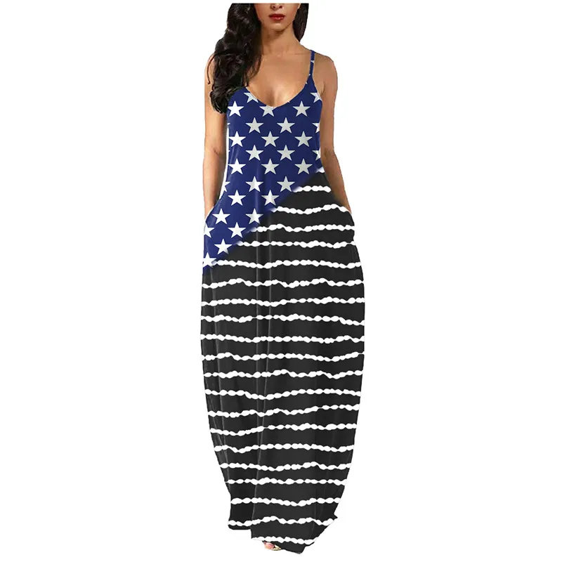 

Sundress Lady Loose Long Dress Women American Flag Printed Independence Day Patriotic Day Casual Summer Clothes Sleeveless 2021