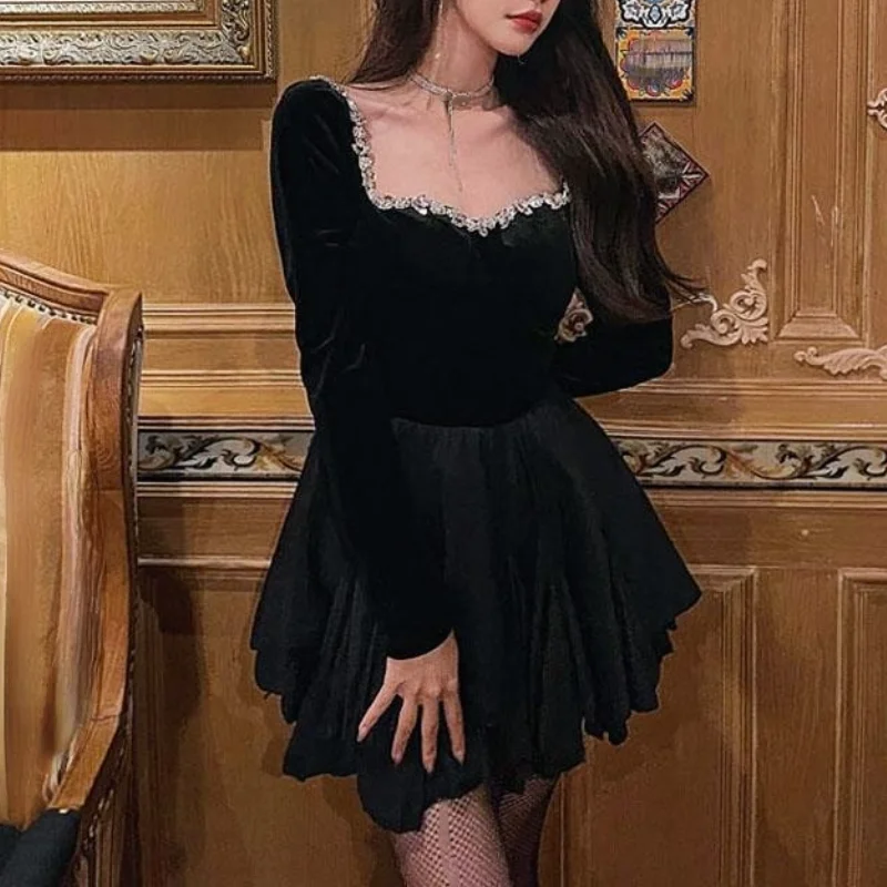 

Зимнее черное готическое платье 2021, женское милое мини-платье с длинным рукавом Y2k, вечернее праздничное корейское модное винтажное бархатн...