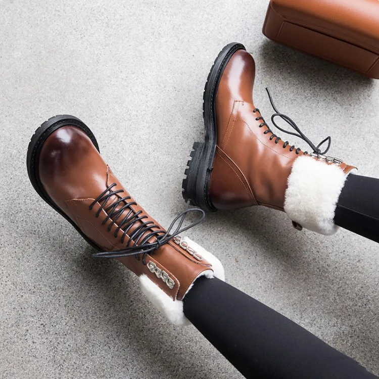 

MLJUESE 2021 Women Ankle boots Cow leather Winter short plush Black color Round toe Lace up Square heels female ankle boots