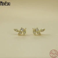 moveski 925 sterling silver plated 14k gold korean small fresh leaf zircon earrings women wedding party jewelry gift