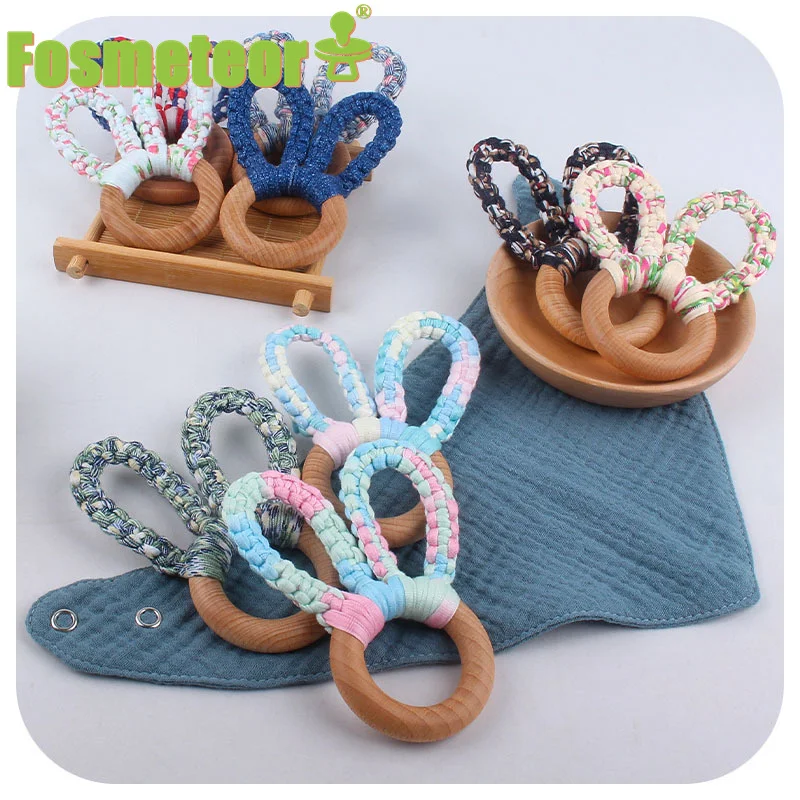 

Fosmeteor 1pcs Baby Wooden Pacifier Clip Chain Handmade Cotton Dummy Nipple Clips Holder Leash Strap Knitting Bunny Ears Teether