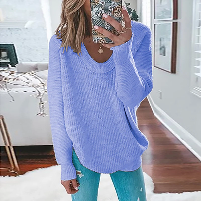 

Женский свитер с длинным рукавом, однотонный пуловер с глубоким V-образным вырезом, одежда большого размера на осень и зиму, 2020