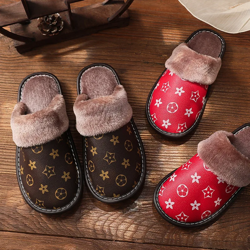 

Winter Men Slippers Home Cotton Shoes Cozy Warm Plush Women Slippers Non-slip Leather Indoor Slippers Waterproof Couple Shoes