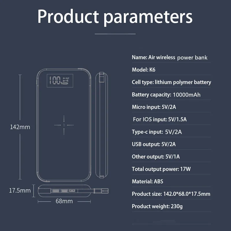 

External Battery 10000mAh Power Bank for IPhone XR 8 Plus Samsung S10 S9 Xiaomi Wireless Charger