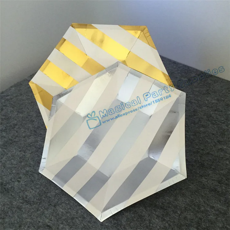 

Free Shipping 72pcs Foil Gold/Silver/Rose Hexagon Paper Plate Stripe Wedding Dinner Tableware Gold and White Stripe Paper plates