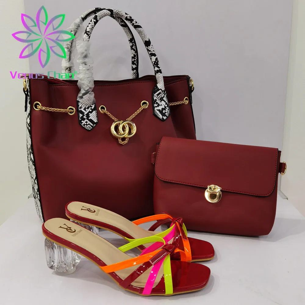 Italian Design Nigeiran 2021 Newest Colorful Crystal Style Elegant Wine Color Party Wedding Ladies Shoes and Bags Set