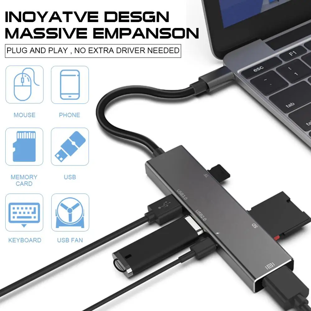 Хаб адаптер 6 в 1 USB 3 0 Высокоскоростные порты Type C хаб Usb до 4K 30HZ HDMI Ноутбук Сеть PD