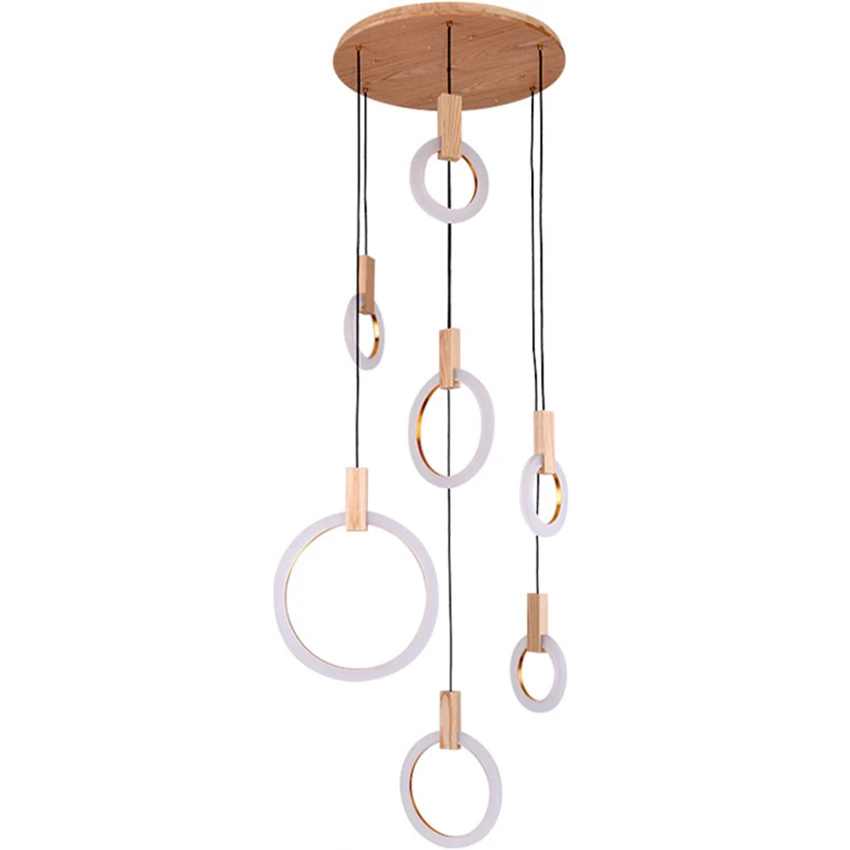 

Nordic Ring Wood Pendant Lights Nordic Loft Decor Dining Room LED Pendant Lamps Living Room Stair Lighting Coffee Long Hanging