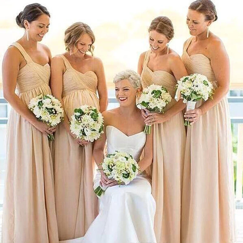 

One Shoulder Light Champagne Chiffon Cheap Bridesmaid Dresses 2020 Pleated A Line Long Maid of HOnor Gowns Formal Wedding Guest