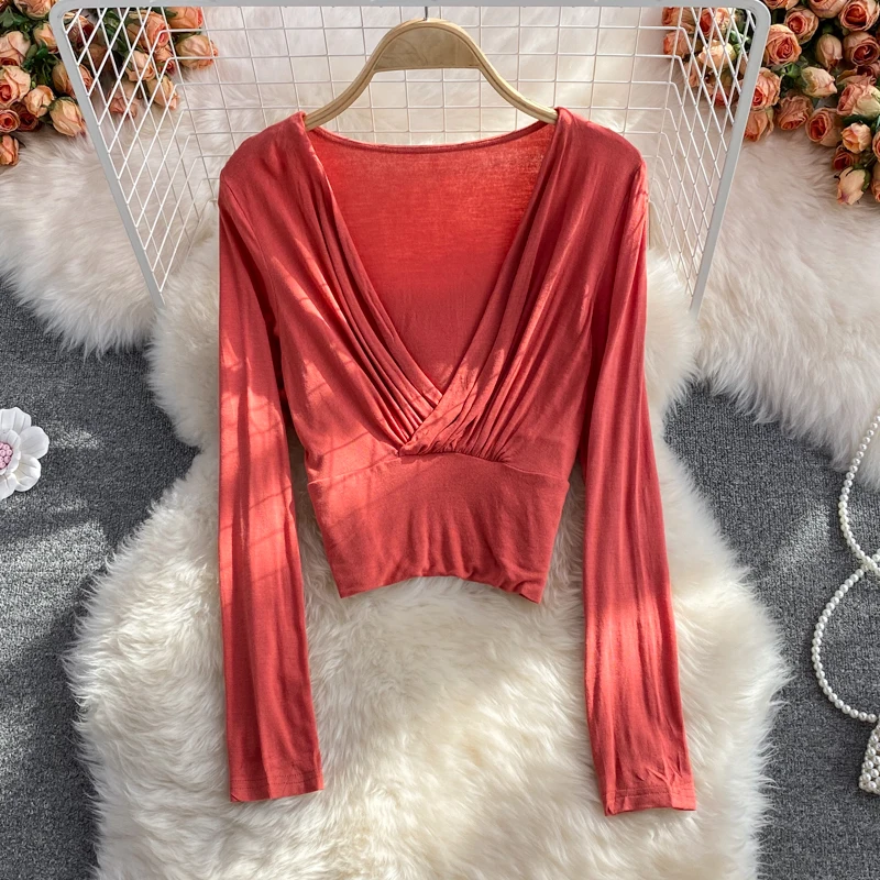 

Sexy Deep V-Neck Draped Short T-Shirts Women Green/White/Gray Slim Tops Elegant Long Sleeve Casual Tees Autumn 2021 New Fashion