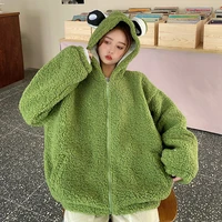autumn winter kawaii frog hooded sweatshirt zip up plush fleece oversized hoodies women thicken warm outwear cute animal tops