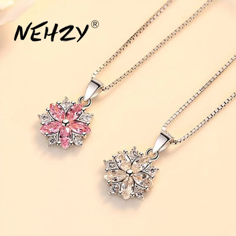 

NEHZY S925 Stamp silver new ladies fashion jewelry high quality pink crystal zircon flower pendant necklace length 45CM