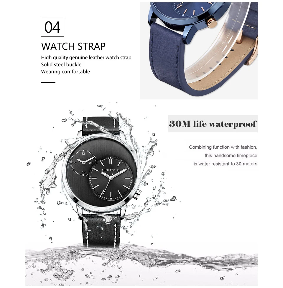 Мужские кварцевые часы MINI FOCUS роскошные Брендовые Часы с двойным часовым поясом и