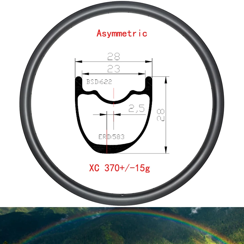 

29er XC MTB 28*28mm Asymmetric Carbon Rim Mountain bike 370g 28mm wide 28mm deep Clincher Tubeless UD 3K 12K 24 28 32 Holes