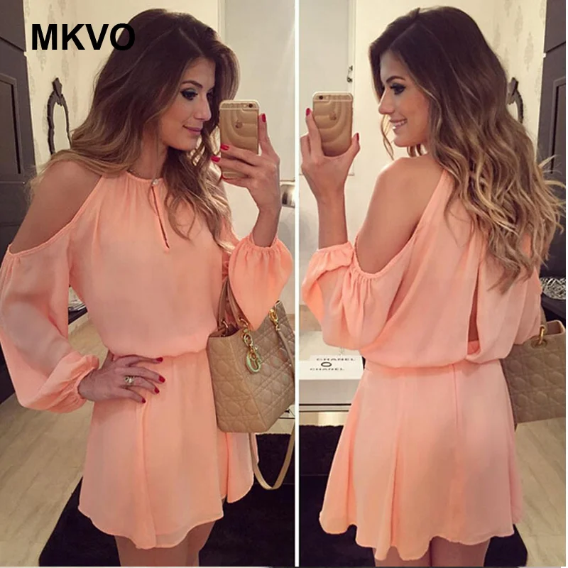 Сексуальное женское шифоновое платье с открытыми плечами и длинным рукавом