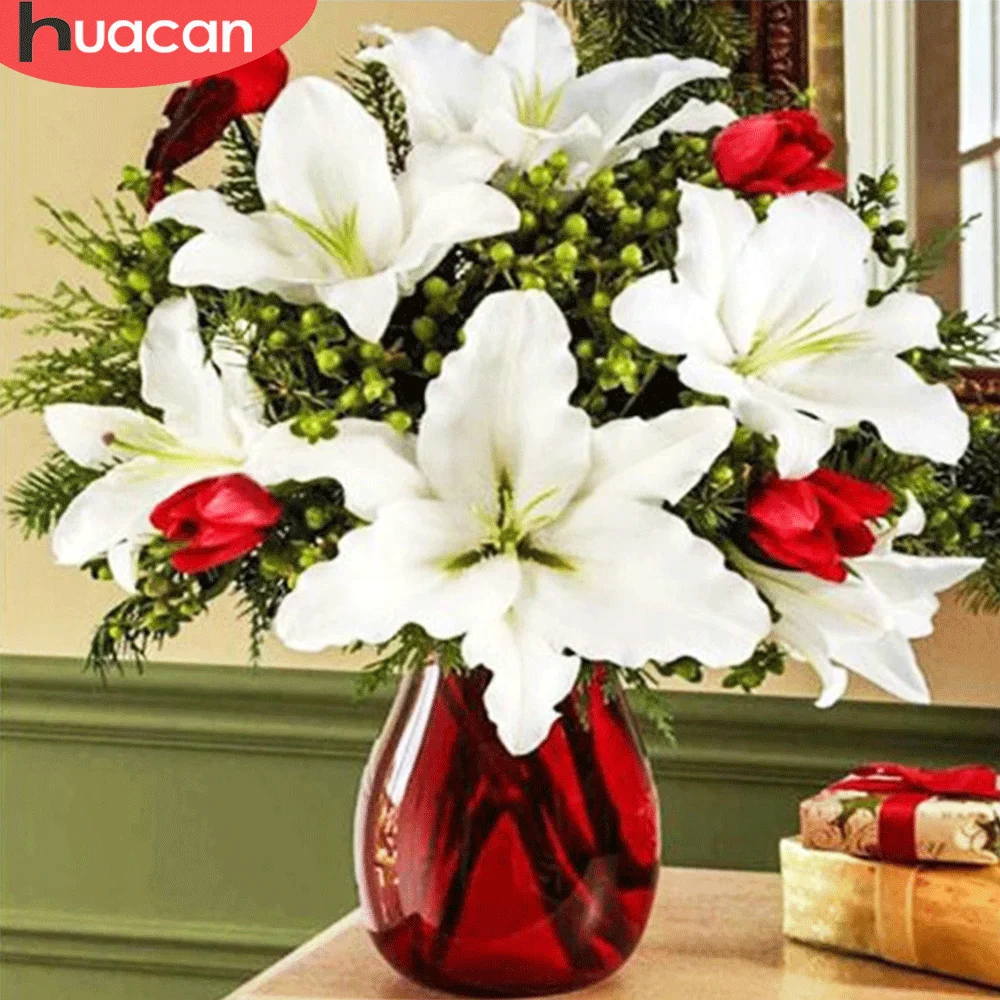 

Алмазная мозаика HUACAN «сделай сам», картина с цветами лилии, ваза, вышивка, картина стразы, творческие хобби