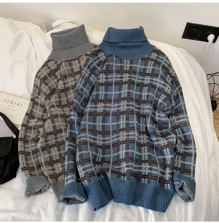 Winter Turtleneck Sweater Men's Warm Fashion Casual Retro Knit Pullover Men Streetwear Plaid Sweater Male Sweter Clothes
