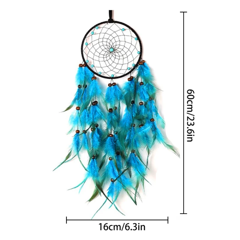 

Creative Blue Feather Dream Catcher Wind Chime with LED Lights Handmade Wall Hanging Circular Pendant Home Bedroom Decor