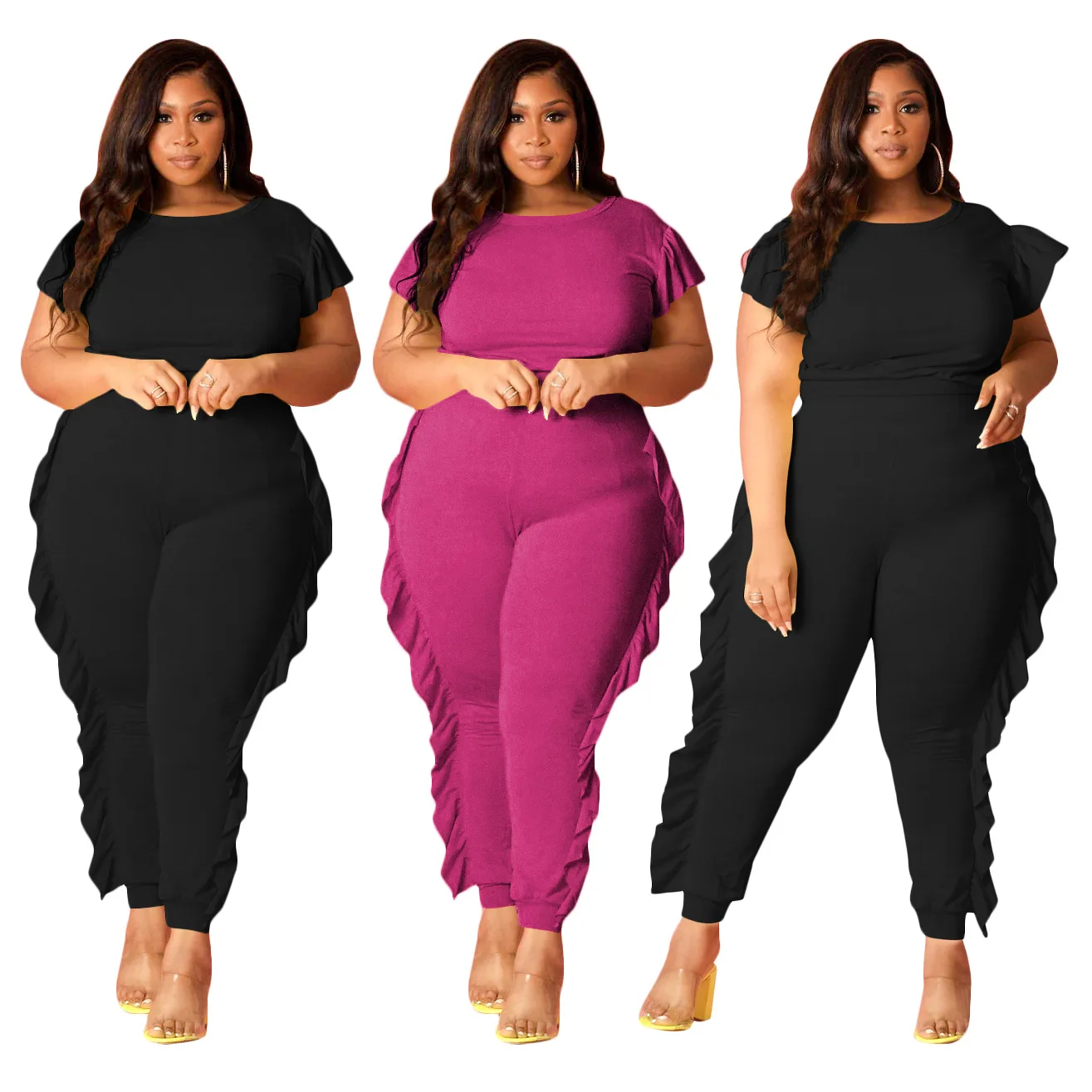 

Women Solid Ruffle Patckwork Two Piece Sets Fashion O-Neck Short Sleeve Tees High Waist Skinny Pants Tracksuits Outfit