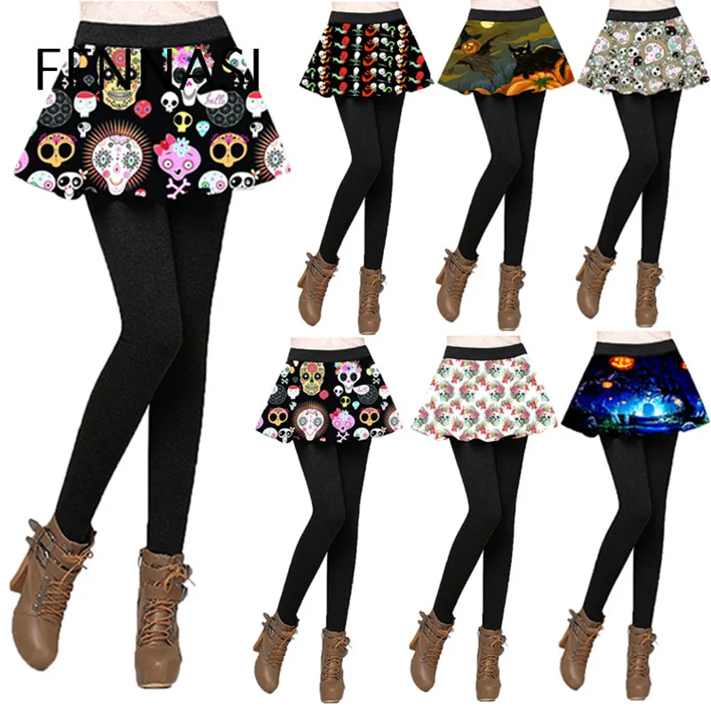 FENNASI сексуальные черные зимние теплые женские леггинсы Хэллоуин с юбкой высокой