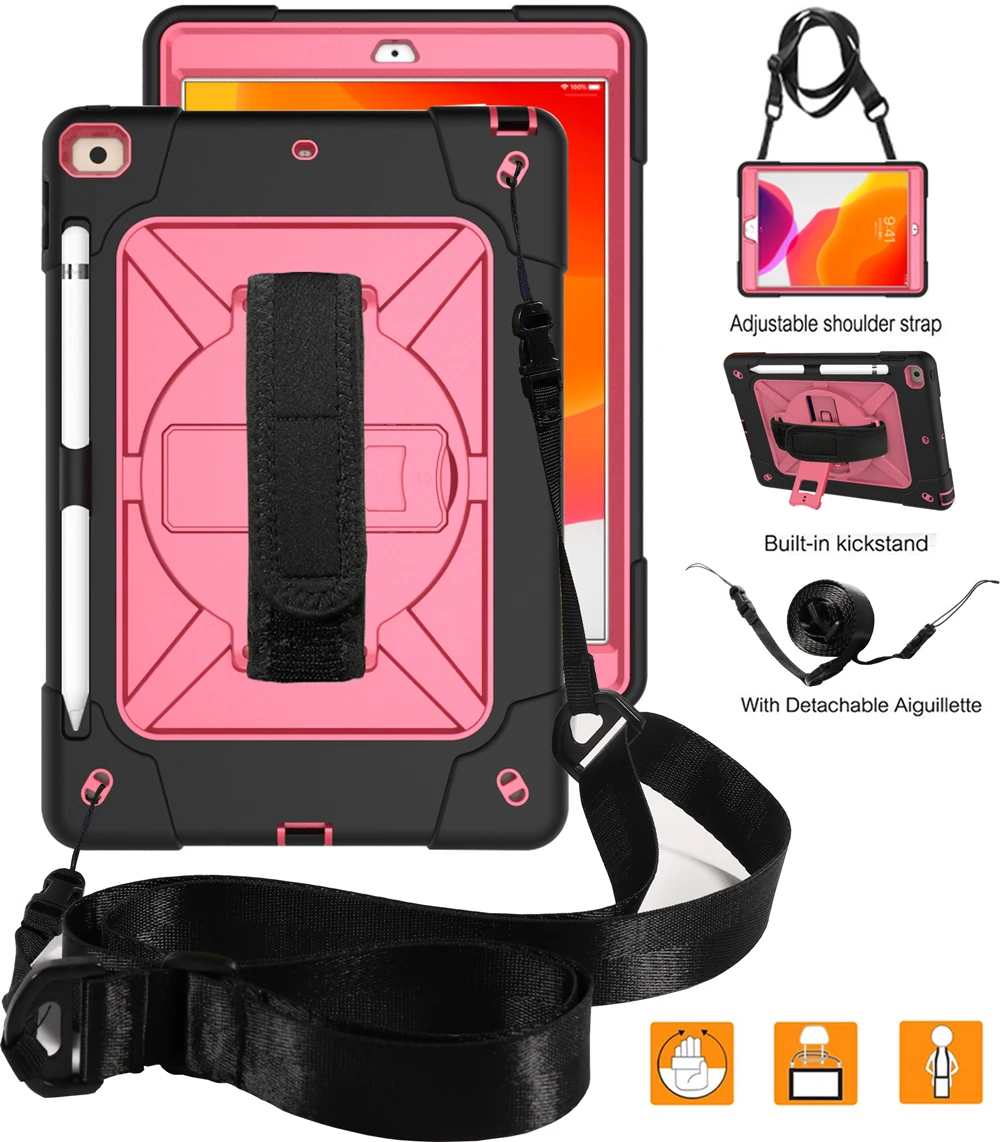 black rose red Чехол для планшета для iPad 10,2 7-го поколения 10,", детский сверхпрочный защитный чехол, вращающаяся подставка/ремешок на руку+ плечевой ремень - Цвет: black rose red