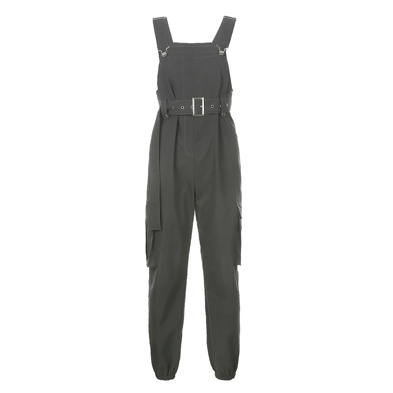 

HEYounGIRL Casual Cargo Long Jumpsuit Pants Women Harajuku Sleeveless Stappy Overall with Sashes Solid Romper Ladies Streetwear
