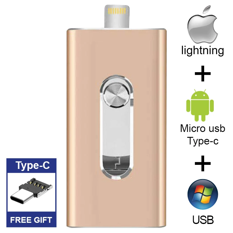 Gold-Type-C Бесплатный адаптер type-C, флешка для iPhone/iPad, USB флеш-накопитель Lightning, USB 3,0, Фотокарта, 256 ГБ, 128 ГБ, 64 ГБ, 32 ГБ, 16 ГБ, 512 ГБ - Цвет: Gold-Type-C